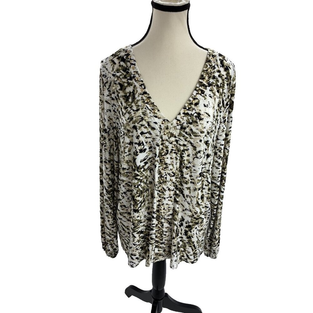 INC Womens Size XXL V Neck Long Sleeve Blouse Animal Print Stretch Top